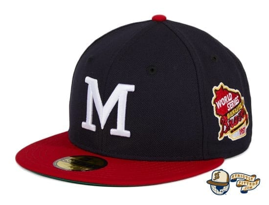 Hat Club Exclusive Milwaukee Braves 1957 World Series Patch Navy Red 59Fifty Fitted Hat by MLB x New Era patch side