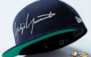 Yohji Yamamoto SS20 Signature Logo Navy 59Fifty Fitted Cap by Yohji Yamamoto x New Era under visor