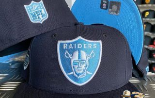 JustFitteds Exclusive Las Vegas Raiders Navy Sky Blue 59Fifty Fitted Hat by NFL x New Era