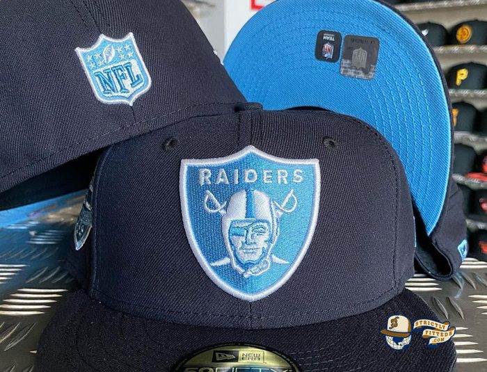 JustFitteds Exclusive Las Vegas Raiders Navy Sky Blue 59Fifty Fitted Hat by NFL x New Era