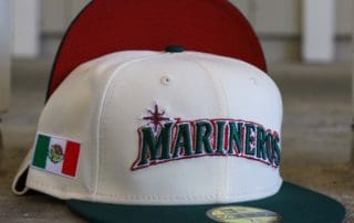 Seattle Mariners Marineros Chrome White Dark Green 59Fifty Fitted Hat by MLB x New Era