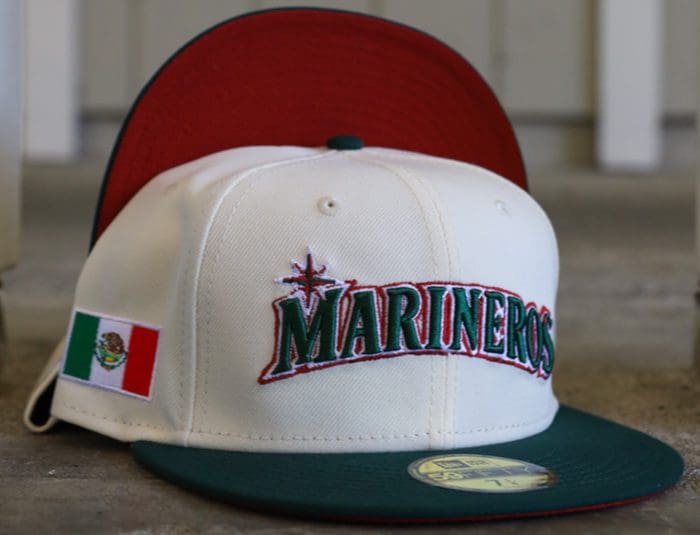 Seattle Mariners Marineros Chrome White Dark Green 59Fifty Fitted Hat by MLB x New Era
