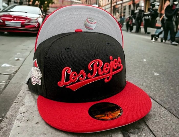 Cincinnati Reds Los Rojos Black Red 59Fifty Fitted Hat by MLB x New Era