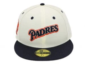 San Diego Padres 90s Script White Navy 59Fifty Fitted Hat by MLB x New Era Front