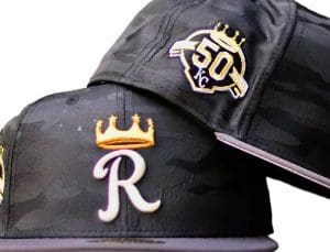 Kansas City Royals 50th Anniversary Black Camo Charcoal 59Fifty Fitted Hat by MLB x New Era Front