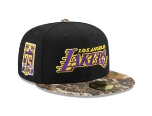 Los Angeles Lakers 75th Anniversary Black Realtree 59Fifty Fitted Hat by NBA x New Era Front