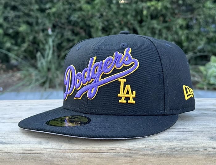 Los Angeles Dodgers Wordmark Black Purple Gold 59Fifty Fitted Hat by MLB x New Era Strictly Fitteds